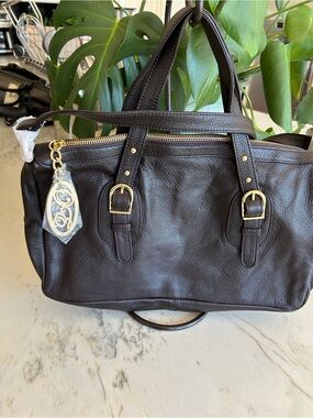 Onna Ehrlich Dark Brown Pebbled Leather Satchel with Gold Hardware